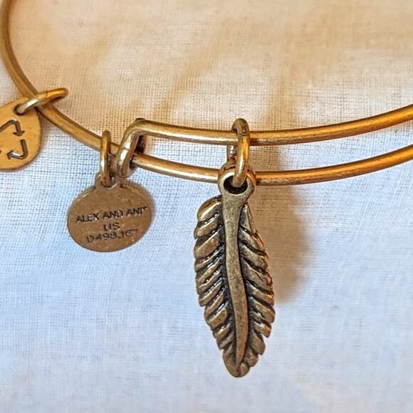 Alex and Ani Feather Charm Gold Tone Adjustable Slide Bangle Bracelet - Picture 1 of 5